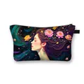 Cosmetic bag with fantasy woman and floral illustration print and black zipper - Romantic Peony Girl Style (4)