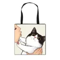 Polyester tote bag featuring a cute cat print with black shoulder straps on white background - Black and White Cat Kissing Style (9)