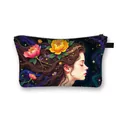 Polyester makeup bag with artistic floral woman portrait and black zipper closure - Starry Sky Background Artistic Girl (5)