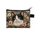 Mini cat coin purse with embroidered cow cat and daisy pattern and zipper closure - Embroidery Look Tuxedo Cat Floral Style (10)