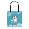 Sac fourre-tout en toile bleu ciel avec imprimé corgi mignon et poignées noires - Bleu Ciel Nuage Corgi