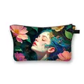 Polyester makeup bag with artistic girl and floral illustration print and zipper - Flower Surrounded Girl Painting (6)