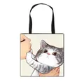 Anime girl and kitten print tote bag made of durable polyester with black straps - Grey and White Striped Kitten Kissing Style (11)