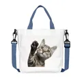 Large capacity canvas tote bag with cute cat print and adjustable blue shoulder strap - Hello Cat