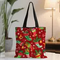 Christmas canvas tote bag with festive red prints of stockings and bells for gifts - Red Christmas Gift Box Pattern (11)