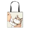 Polyester tote bag featuring artistic girl and cat illustration with black handles - Healing Girl and Cat Kissing Style (13)