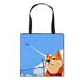 Grand sac cabas en toile blanche avec motif Shiba Inu et anses noires tissées - Blanc Ciel Avion Shiba Inu