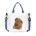 White canvas tote bag with brown puppy print and blue adjustable shoulder straps - Cute Silly Puppy