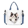 Weiße Canvas-Tasche mit 3D-Katzenprint und marineblauen verstellbaren Schultergurten - 3D Tuxedo Katze Loch Stil (8)