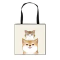 Sac fourre-tout en toile blanc cassé avec imprimé mignon de chat et chien cartoon - Chat Blanc sur Shiba Inu