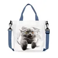 Weiße Canvas-Tasche mit 3D-Katzenmotiv und verstellbarem dunkelblauem Schultergurt - 3D Graue Katze Loch Kreative Stil (9)