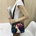 Women's black shoulder bag with floral female illustration and fabric strap - Exquisite Illustration On Black (05)