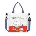 Canvas tote bag with cute cartoon bear print and blue straps for casual wear - Maiwei Style