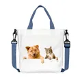 White canvas crossbody bag with dog and cat print, dual handles, and large capacity - Brother