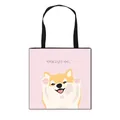 Sac fourre-tout rose en toile avec un adorable Shiba Inu de dessin animé et des anses noires - Shiba Inu Rose Saluant