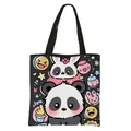 Cute panda and bunny print polyester tote bag with long handles for students - Black Panda And Rabbit With sdgab Text Style (05)