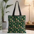 Christmas tote bag with gingerbread pattern on dark green canvas with black handles - Green All-over Festive Elements (04)