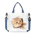 Weiße Canvas-Tasche mit blauen Henkeln, 3D-Katzenprint und verstellbarem Schultergurt - 3D Getigerte Katze Stil (3)