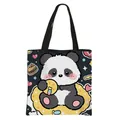 Cute panda cartoon print student tote bag with large capacity black polyester handles - Panda Sitting On Yellow Biscuit Style (04)