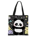 Black polyester tote bag with cute panda print and durable handles for school or casual use - Large Panda Surrounded By Colorful Bears And Bows Style (13)