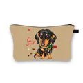 Portable beige dachshund print makeup bag with 'for you' text and red hearts detail - Dachshund Holding Rose with For You! Text (21)