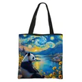 Sac fourre-tout panda avec impression peinture à l'huile style Nuit étoilée et anses - Panda Lac Coucher de Soleil Style (05)