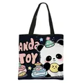 Black polyester tote bag featuring a cute cartoon panda print and Panda TOY text design - Panda With Green Dot Hat and Yellow Biscuit Style (11)