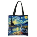 Sac fourre-tout style peinture à l'huile avec motif nuit étoilée et canards - Canard Blanc Tournesols et Ciel Étoilé Style (03)