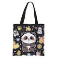 Panda print polyester tote bag with cute cartoon stickers and black woven handles - Panda Surrounded By Rabbit And Dessert Stickers Style (12)