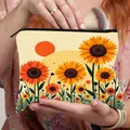 Portable beige sunflower makeup bag with zipper featuring vintage floral patterns - Bohemian Retro Sunflower (11)