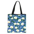 Floral canvas tote bag with white daisies and blue flowers on a dark green background - Dark Green Daisy Blue Floral Print