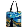 Sac fourre-tout style peinture à l'huile avec paysage de tournesols et nuit étoilée - Dos de Berger Allemand et Tournesols Style (02)