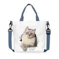 Weiße Canvas-Tasche mit 3D-Katzenprint und verstellbaren blauen Schultergurten - 3D Kreative Spähende Katze Stil (7)