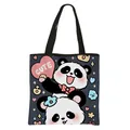 Dark gray panda print canvas tote bag featuring cute cartoon illustrations for school - Dark Gray Two Overlaid Pandas With CUTE Text Style (01)