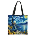 Sac fourre-tout avec peinture à l'huile panda dragon et tournesols style nuit étoilée - Dragon à Écailles Bleues Nuit Étoilée Style (06)