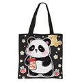 Black panda tote bag with cute panda drinking milk tea print for school and daily use - Panda Holding Milk Tea Style (06)
