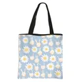 Light blue floral tote bag with cute bunny print and black woven handles - Light Blue Bunny Daisy Print