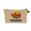 Beige cosmetic bag with superhero dachshund print and black zipper closure for travel - Cartoon Hero Dog with Cape and HERODOG Text (27)