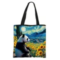 Sac fourre-tout panda style peinture à l'huile avec tournesols Van Gogh et anses noires - Panda et Champ de Tournesols Style (08)