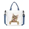 White canvas tote with cute cat print and blue shoulder straps for daily use - Waiting For You Cat