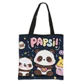 Dark blue student tote bag with colorful cartoon panda print and durable black straps - Dark Blue Two Pandas With PAPSI Text Style (08)