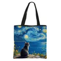 Grand sac fourre-tout en polyester avec peinture à l'huile de chat sous les étoiles - Chat Regardant Le Ciel Étoilé Sur Des Rochers Style (04)