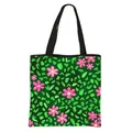 Floral print tote bag in dark green featuring pink flowers and black shoulder straps - Dark Green Pink Five-Petal Flower Print