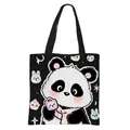 Black tote bag with cute cartoon panda and animal prints on durable polyester fabric - Black Panda With Pink Scarf Style (03)