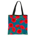 Large floral tote bag featuring dark teal canvas with red poppy print and black straps - Teal Blue Red Poppy Print