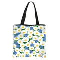 Floral polyester tote bag featuring blue and white daisy patterns with black handles - White Daisy Blue Cornflower Print