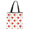 Floral tote bag with red flowers on white background and black shoulder straps - White Background Red Flower Green Stem Print