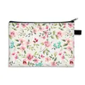 Large capacity floral makeup bag with pink roses and black handle for travel - Light Gray Pink Monthly Rose (16)