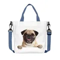 White canvas dog tote bag with blue straps featuring a high-definition Pug print - Mengmeng