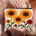 Portable sunflower toiletry bag with zipper closure shown being held by a model - Fresh Sunflower Red Flowers (09)